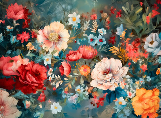 Wall Mural - a colorful and lush floral arrangement with a painterly style, showcasing a variety of blooms in red