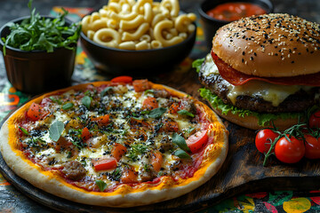 Wall Mural - Pizza And Burger On Wooden Board With Pasta And Tomatoes