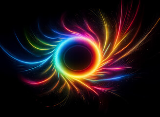 Wall Mural - a vibrant circle of rainbow colors emits light against a black background. luminous streaks of color