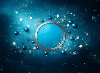 Wall Mural - a shiny silver circle on a dark blue backdrop sprinkled with stardust and shiny spheres. a celestial