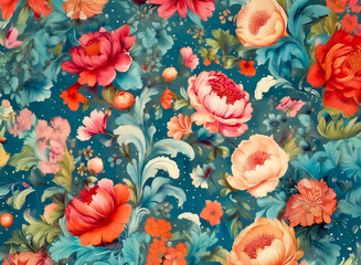 Wall Mural - vibrant floral artwork with a teal backdrop showcases a lively mix of red, pink, and orange flowers 