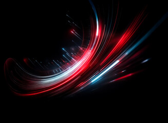 Wall Mural - Abstract streaks of red and blue light flow dynamically across a dark backdrop, creating a sense of speed and motion with bright, glowing trails.