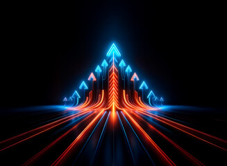 Wall Mural - Arrows of blue and orange neon light converge upwards on a black backdrop, creating an abstract image of direction and advancement.