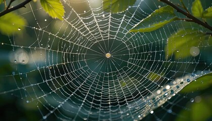 A detailed macro shot of a raindrop-covered spiderweb glistening in the soft morning light, suspended between green leaves.

