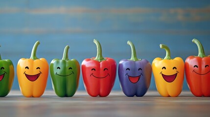 A fun and vibrant scene of smiling bell peppers lined up, creating a joyful and healthy atmosphere with their colorful, expressive faces