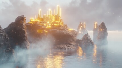 Poster - A futuristic golden city perched atop a volcanic rock island, bathed in warm light and surrounded by misty waters, creating a magical scene