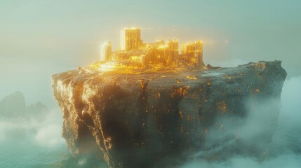 Poster - A futuristic golden city perched atop a volcanic rock island, bathed in warm light and surrounded by misty waters, creating a magical scene