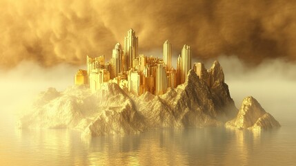 Poster - A futuristic golden city perched atop a volcanic rock island, bathed in warm light and surrounded by misty waters, creating a magical scene
