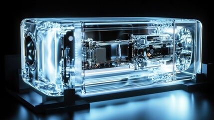 Poster - A futuristic transparent device showcasing its internal components, illuminated by soft lighting to highlight the cutting-edge technology inside
