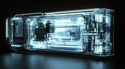 Poster - A futuristic transparent device showcasing its internal components, illuminated by soft lighting to highlight the cutting-edge technology inside