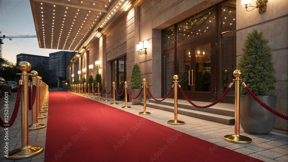 Red carpet entrance with velvet ropes and golden stanchions leading to ...