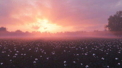 Sticker - Expansive cotton fields bathed in soft morning light, symbolizing the peaceful beauty of rural agriculture.