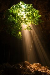 Wall Mural - Cave, sunbeams entering from opening, vegetation, creating serene, scenic view