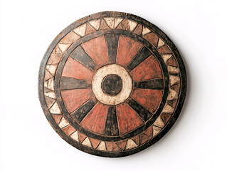 tribal wooden shield with geometric design and red orange and black colors on white background