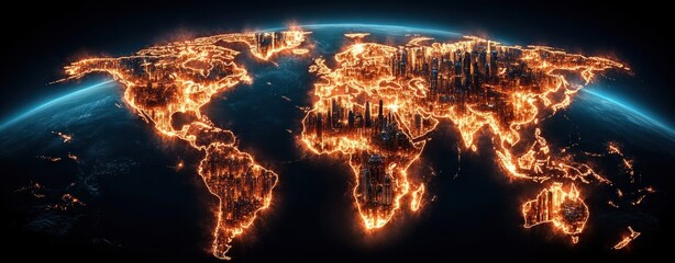 Poster - Futuristic Earth with Bright Neon City Lights and Glowing Map Design in a Dark Cosmic Space Background