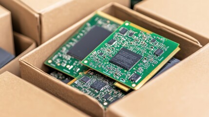 Poster - Close-Up View of Green Circuit Boards inside Brown Cardboard Boxes in Technology Warehouse Setting