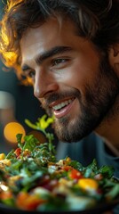 Wall Mural - Close Up Portrait Of A Man Smiling While Eating Healthy Salad