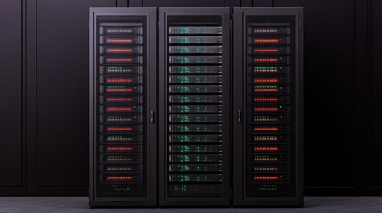 Leinwandbilder - Three Modern Server Racks with Colorful LED Lights in a Dark Data Center Environment
