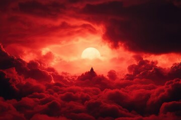 Wall Mural - red dramatic sky with sun, clouds and castle for cinematic or fantasy projects