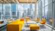 © PRIMPROW - Creative office setting with contemporary yellow seating, glass walls, and a panoramic high-rise city view beyond.