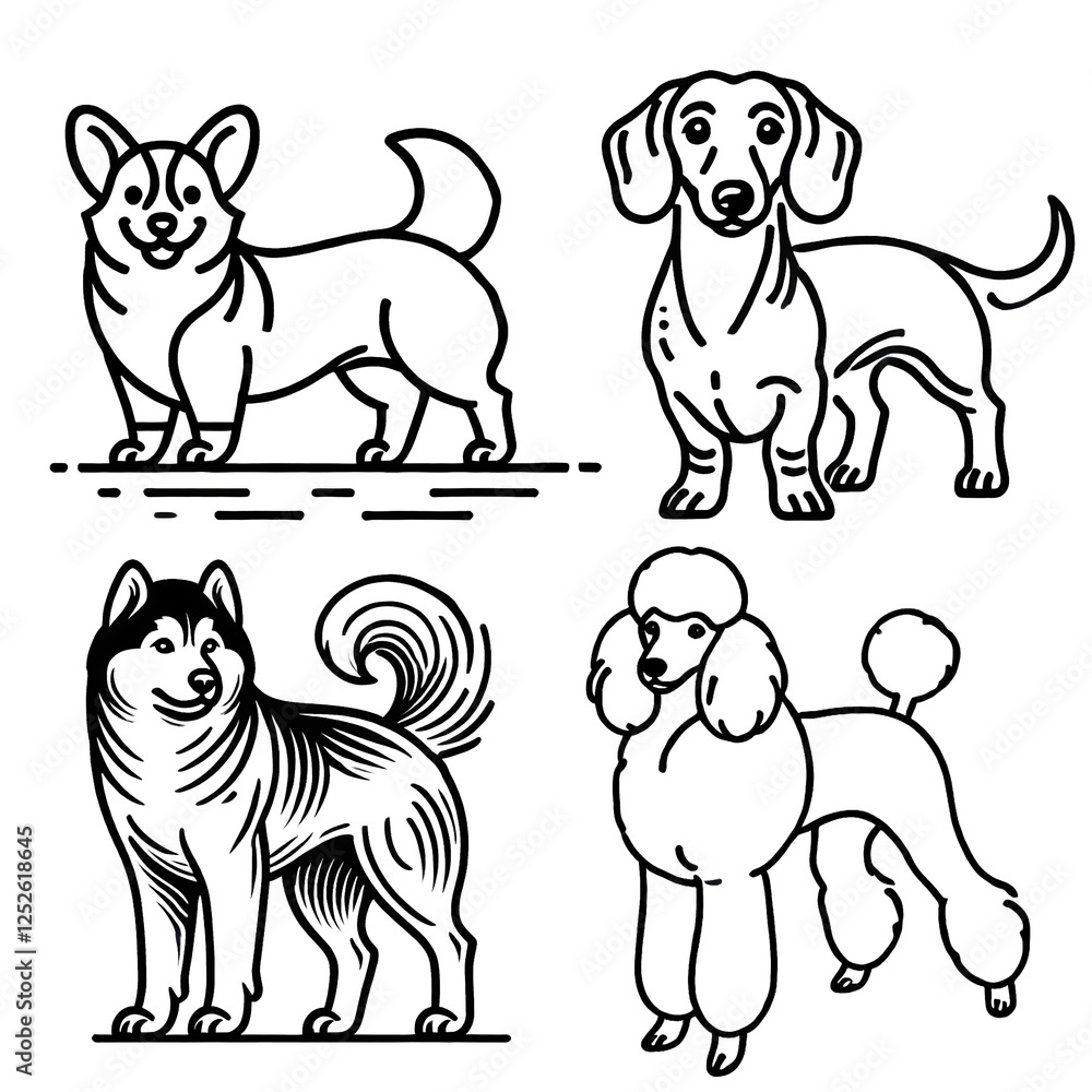 Black and white line art illustrations of four different dog breeds ...