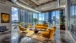 © PRIMPROW - Spacious office with an open layout, featuring stylish yellow seating, glass dividers, and a high-rise urban view.