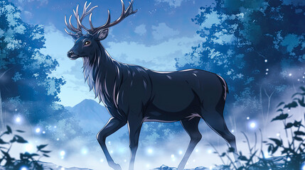 Wall Mural - Deer standing in a forest surrounded by trees with fog in the valley creating a serene wildlife scene