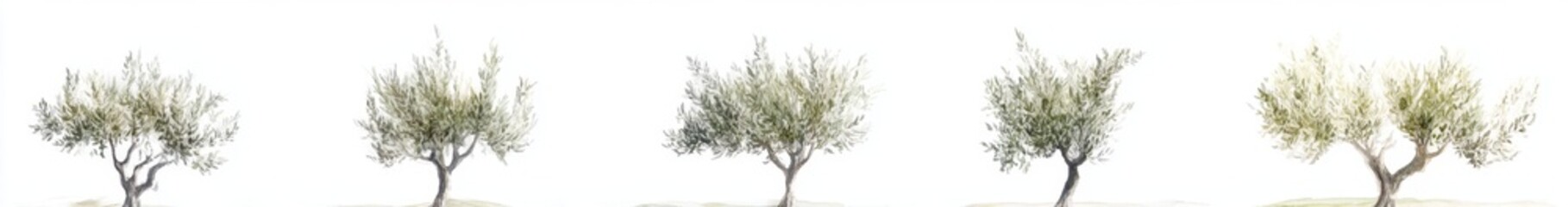 Five olive trees, growth stages, white background, nature design