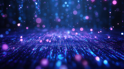 Dark blue background with glowing purple and cyan lights, data flow and digital information technology concept