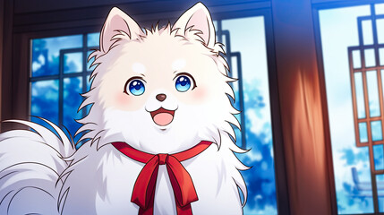 Wall Mural - White cat with blue eyes wearing a red tie accompanied by a fluffy pomeranian dog with a ribbon around its neck in a playful indoor setting