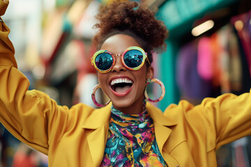 Wall Mural - woman wearing a yellow jacket and sunglasses is smiling and laughing. She is wearing colorful earrings and a colorful dress