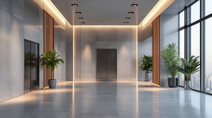 Fototapete - Sophisticated lobby with sleek elevators, abundant natural light, and lush greenery reflecting contemporary corporate atmosphere