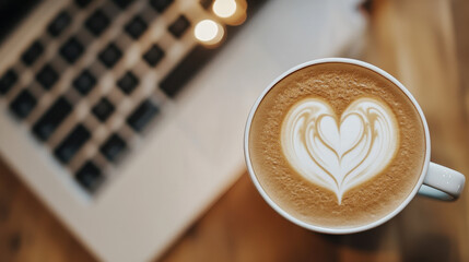 A cup of coffee with latte art in the shape of heart on wooden desk near laptop, top view, flat lay background