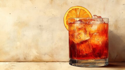 Leinwandbilder - Elegant Negroni Cocktail: Classic Aperitivo with Ice, Orange Slice, and Warm Background Texture, Perfect for Happy Hour