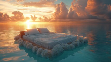 Poster - Ocean Dream Bed: Floating on Tranquility at Sunset, a Serene Escape with Floral Adornments and Warm Golden Light Reflecting on Gentle Waves.
