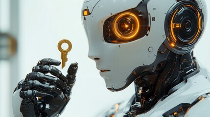 robot holding key, futuristic lab background, ai security concept