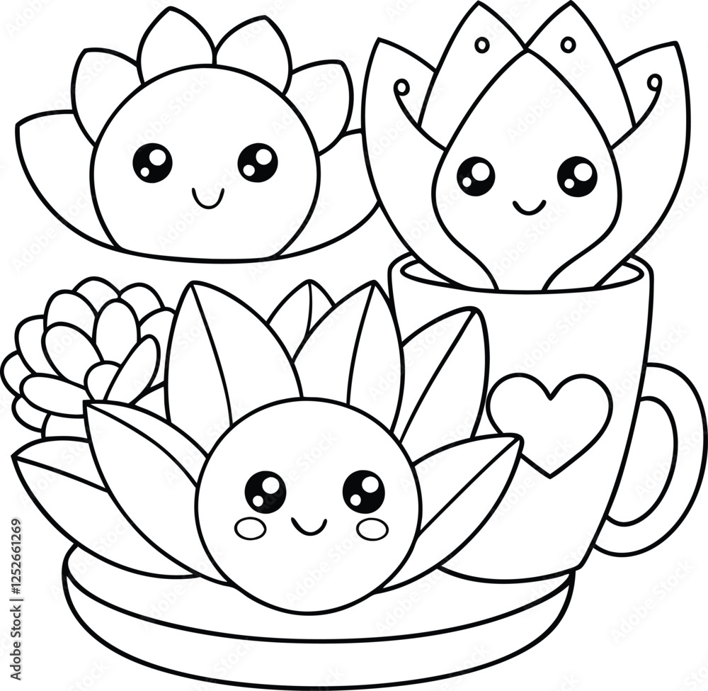 Cute Kawaii Succulents and Sunflowers Coloring Page Printable Stock ...