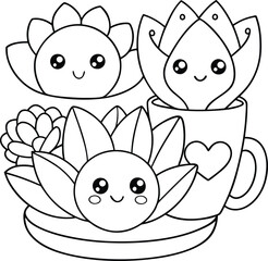 Cute Kawaii Succulents and Sunflowers Coloring Page Printable