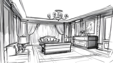 sketch of room decoration in development interior of house, room decoration in plan