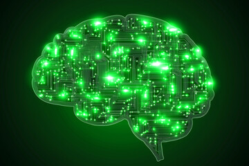 Wall Mural - Tech circuit board shaped like brain glowing green background
