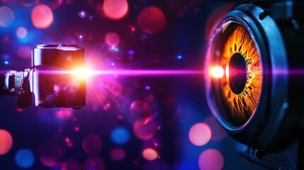 Poster - Camera lens beams light into robotic eye; futuristic bokeh background; tech ad