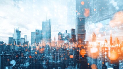 Fototapete - Cityscape, data overlay, financial markets, urban growth, technology