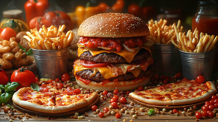 Wall Mural - Massive Double Burger And Pizza With Fries