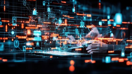 Person Working On Laptop With Digital Overlay Technology