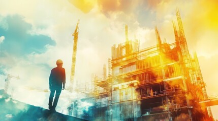 Aufkleber - Construction worker sunset silhouette, cityscape, progress