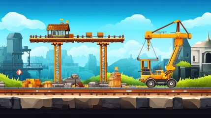 Aufkleber - Crane lifts cargo near city, railway construction