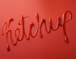 Creative concept photo of ketchup sign lettering text  on red background still life flat lay.