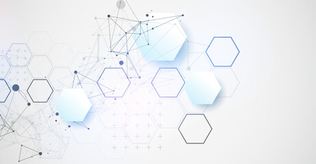 Leinwandbilder - Abstract scientific vector background. Light gray gradient of hexagons of different shapes with plexus effect.