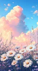 Wall Mural - Daisies blooming sunset field idyllic peaceful sky