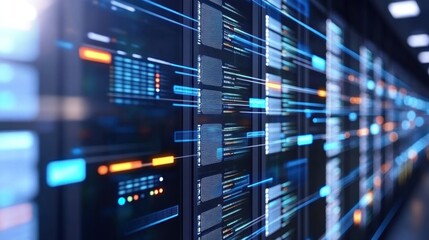 Aufkleber - Data center server room, digital streams flow, glowing displays, tech background, network security